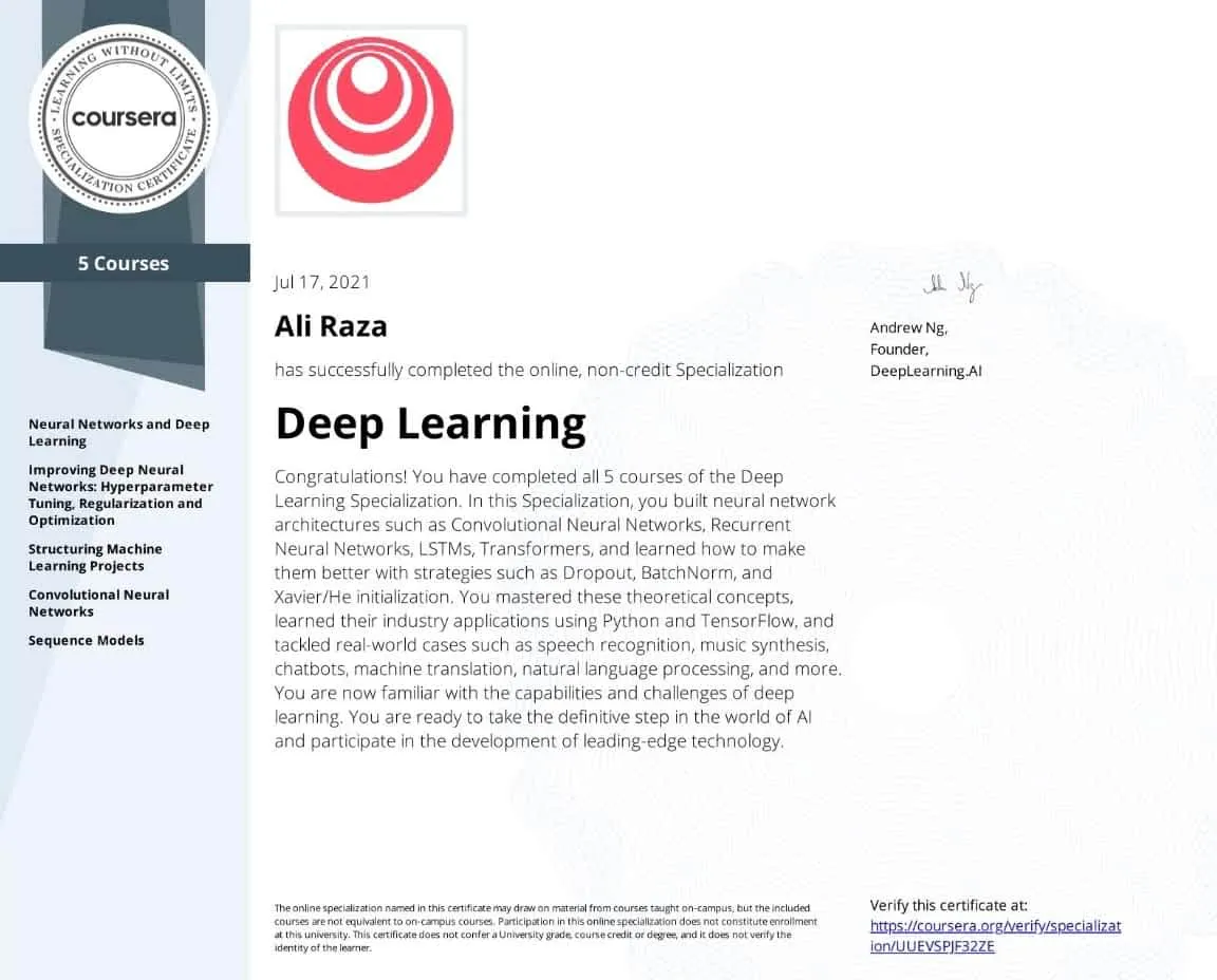 Deep Learning Specialization – Coursera