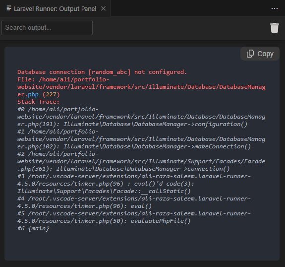 Error trace in Laravel Runner output panel