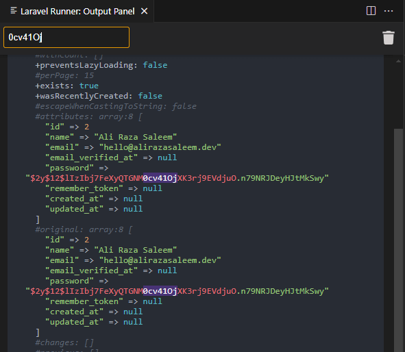 Screenshot showing live search & highlighted matches inside Laravel Runner output panel