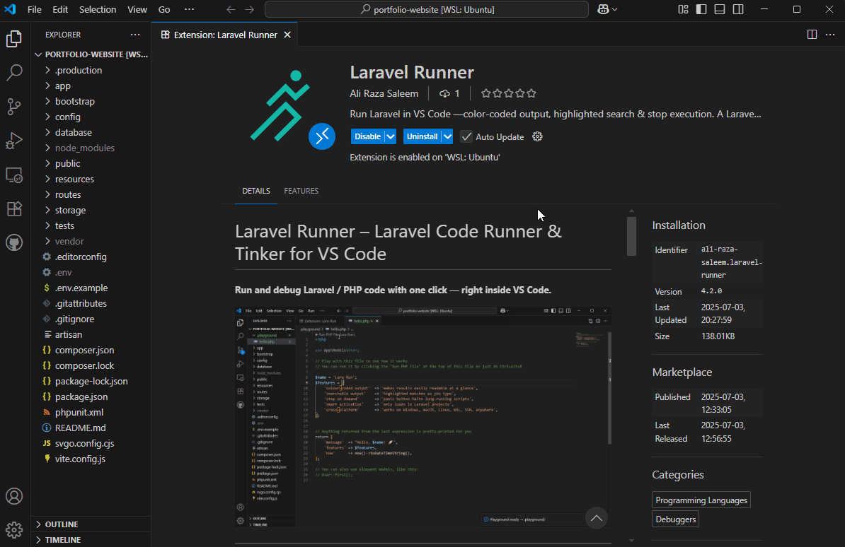 Animated demonstration of Laravel Runner extension running Laravel code inside VS Code