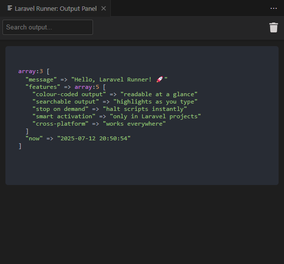 Successful Laravel Runner output panel