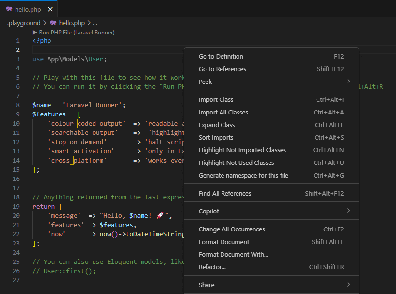 Screenshot showing live search & highlighted matches inside Laravel Runner output panel